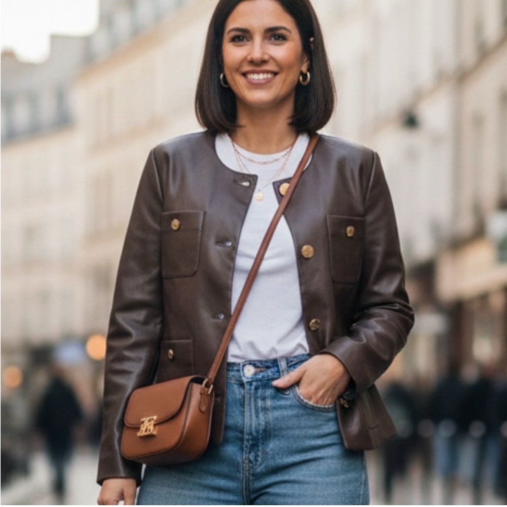 Jason Wu Women's Taupe Faux Leather Jacket with Gold Buttons